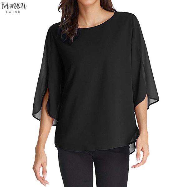 

womens and blouses casual solid office chiffon blouse half ruffles flare sleeve shirt women chemise femme, White
