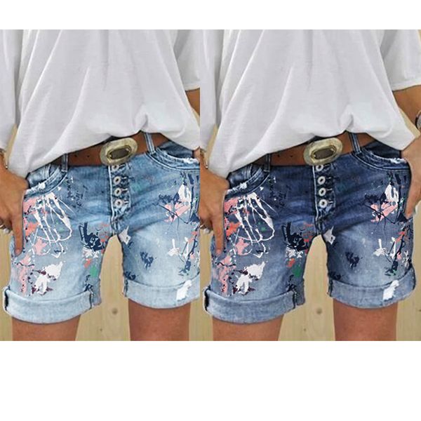 

women's jeans plus size denim shorts washed printed, Blue