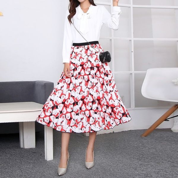 

christmas skirts women 2020 skull print cartoon pattern empire high elastic women midi skirt big swing party holiday high street, Black