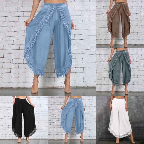 

lady wear mori girl elastic waist lace crochet wide leg pants calf-length cotton trousers hippie boho women capris pants 2019, Black;white