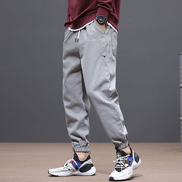 

японская мода мужчин джинсы крой серый черный зеленый дизайнер повседневные штаны с отвисшей нижней старинные хип-хоп бегунов брюки мужчины, Blue