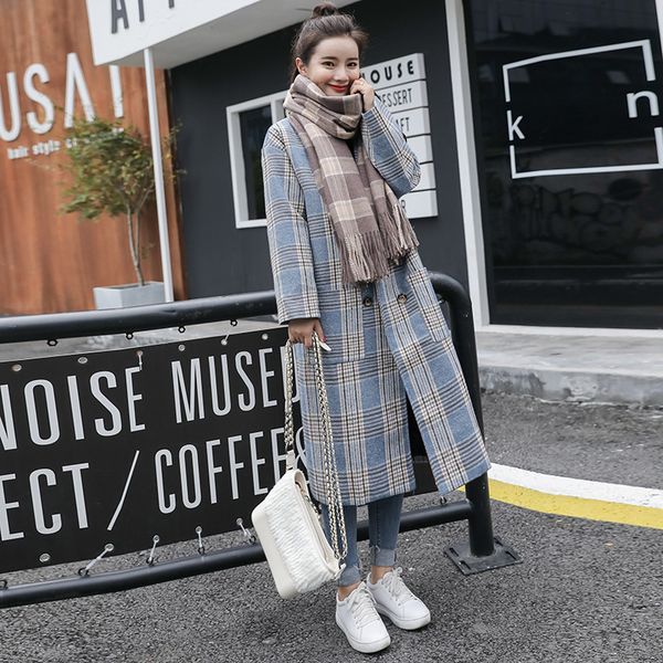 

woolen coat in the long paragraph korean version of loose new women's woolen popular plaid ladies, Black