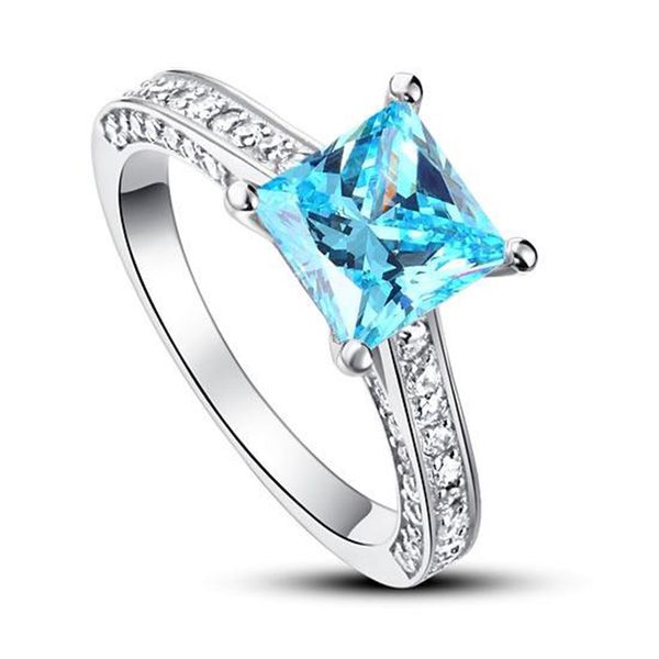 

exquisite rings for women 1.5 ct princess cut fancy blue created diamond 100% 925 sterling silver wedding engagement ring anniversary gift, Slivery;golden
