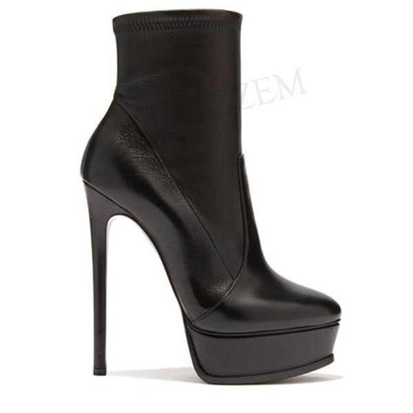 

women ankle platform boots black stiletto high heels slip on booties zapatos mujer ladies shoes woman big size 37 38 39