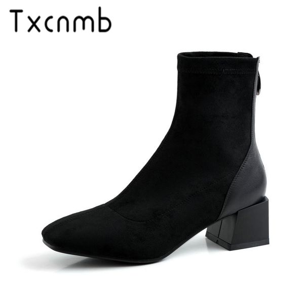 

txcnmb boots women 2019 autumn ankle boots kid suede leather motorcycle fashion zipper round toe shoes for women, Black