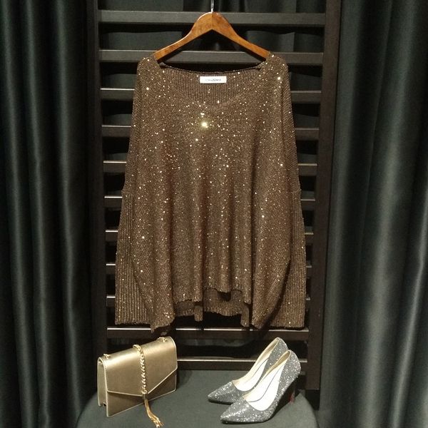 

cakucool gold lurex knit women long batwing sleeve big o-neck sequined sweaters silver thread shiny loose ladies jumpers, White;black