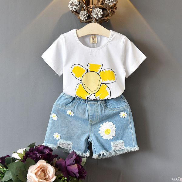 

girls clothing 2 pieces sets 2020 fashion girls summer flowers print clothes suit t-shirt and sun flower denim pants kid outfit, White