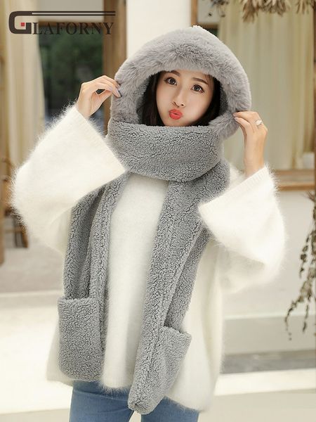 

2019 glaforny solid autumn and winter women hat plush thickened double-deck warm neck protection cap scarf gloves, Blue;gray