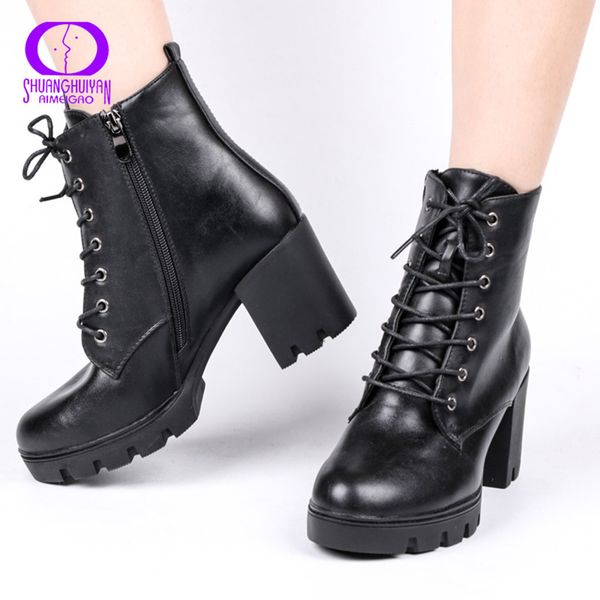 

aimeigao women ankle boots soft leather thick high heel platform boots winter autumn warm fur big size women, Black