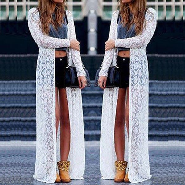 

женщины дамы лето с длинным рукавом пляж кружева кардиган блузка длинные топы, White