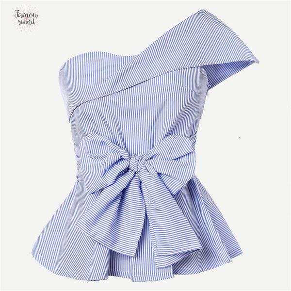 

bow 2019 front summer blouse women foldover one shoulder peplum slim blue striped womens and blouses, White