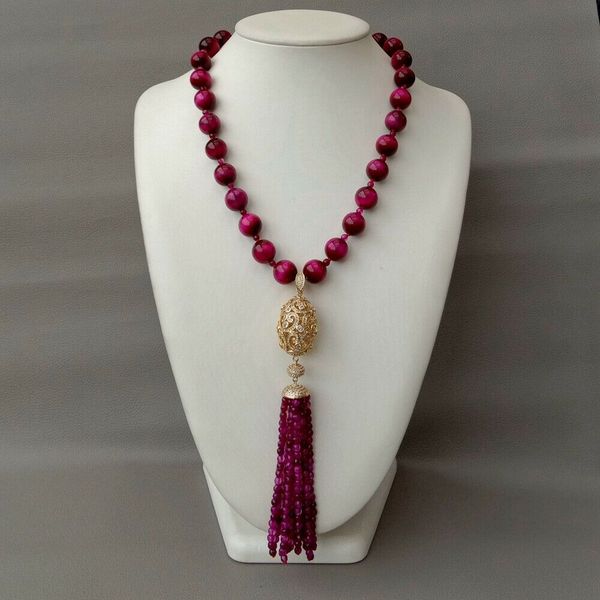 

14mm fuchsia tiger eye necklace fuchsia stone cz pave pendant 22, Silver