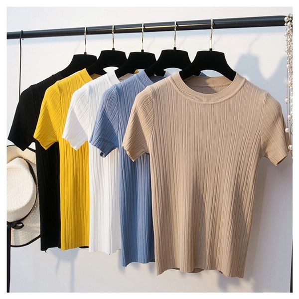 

женский верхней женщина рубашке 2019 new summer women t shirt мода вязаных короткие рукава тис топ ребро женской повседневной футболки, White