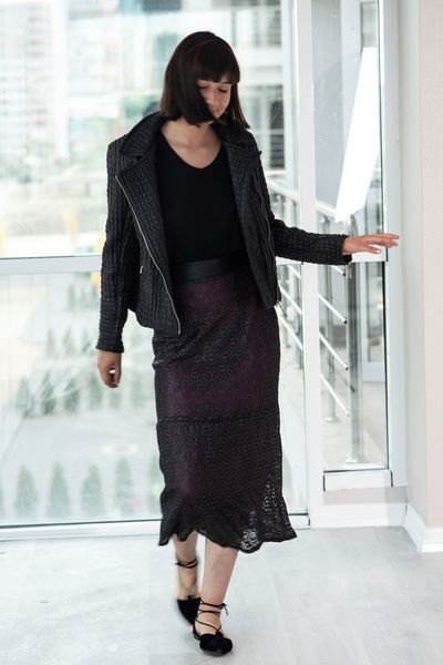 

guipure leather long women skirt, Black