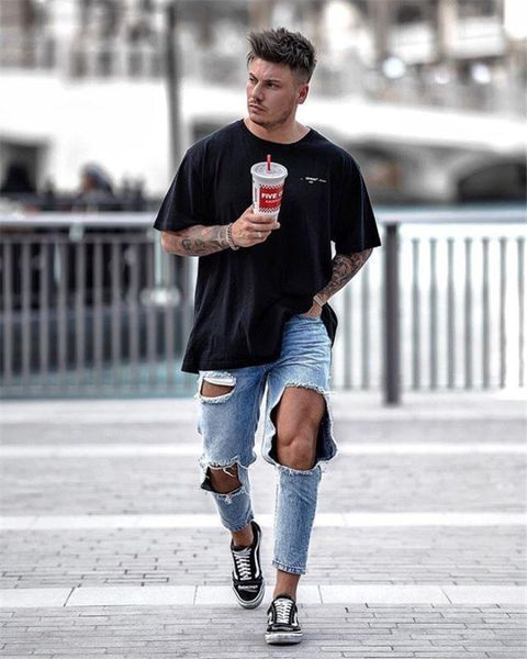 

fashion long regular mid waist designer mens pants light blue hole mens pencil jeans