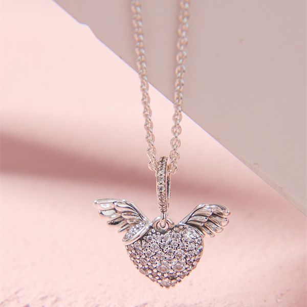 

christmas gift pave heart angel wings necklace 925 sterling silver jewelry chain pendant necklaces for woman silver 925 jewelry
