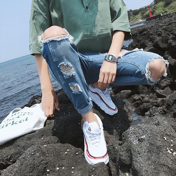 

2019 spring summer men's jeans youth korean-style large size with holes jeans casual skinny pants, Blue