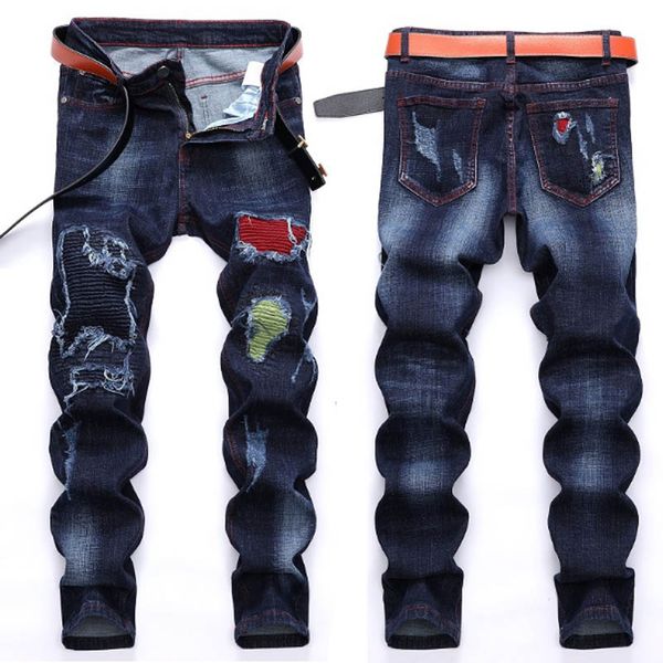

новый конструктор мужские джинсы мужские проблемные рваные джинсы тощий классический промывают тонкий мото байкер причинная mens denim брюки, Blue