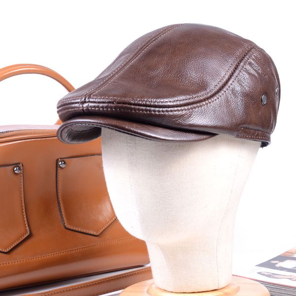

100% real leather men's winter warm earflaps cowhide miliitary army beret golf cap newsboy hat/cap, Blue;gray