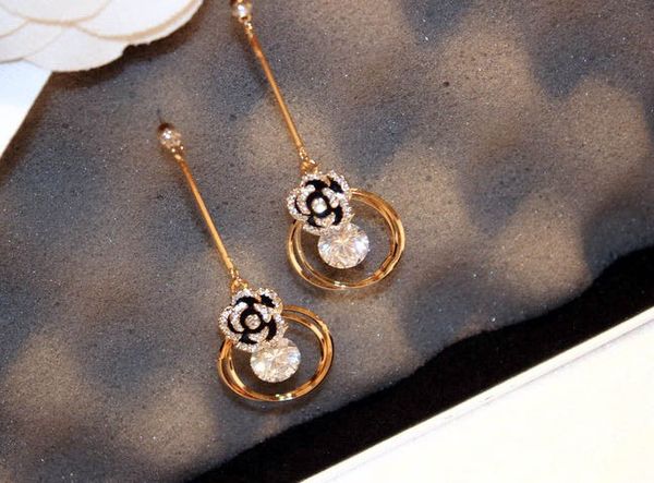 

wholesale-g fashion luxury designer zircon camellia flower long drop pendant stud dangle chandelier earrings for woman girls, Golden;silver
