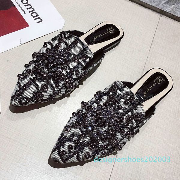 

htuua rivets rhinestone baroque pattern designer slippers women shoes pointed toe flat mules shoes woman slip on sliders d03, Black