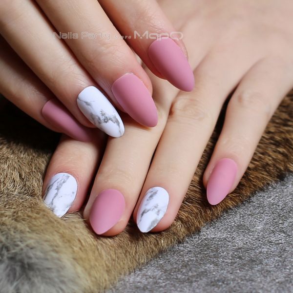 

pink matte stiletto marble false nails almond medium matte brick stiletto press on, Red;gold