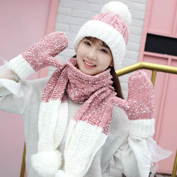 

gbcnyier mother new year gift thick knit cotton cap scarf gloves knit cotton female warm winter set fashion casual, Blue;gray