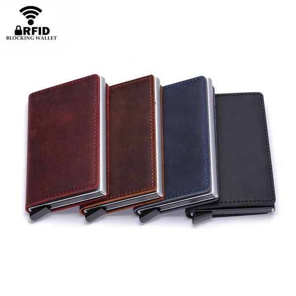 

genuine leather men wallet mini purse male vintage automatical aluminium rfid card holder wallet small smart wallet money bag, Red;black
