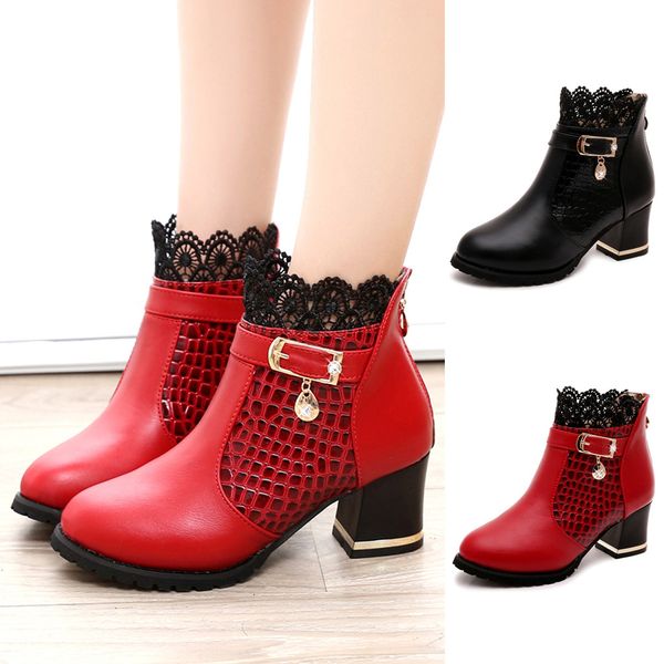 

women boots women's ladies boots fall winter vintage leather ankle lace short shoes zapatos de mujer, Black