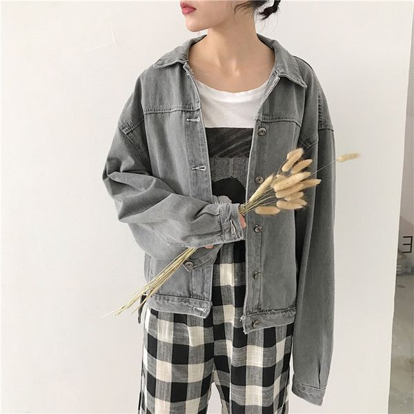 

осень с длинным рукавом свободная джинсовая куртка для женщин старинные твердые пальто женские джинсовые куртки женские свободные бомбы улич, Black;brown