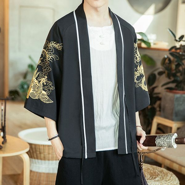

2019 men cardigan jackets men kimono traditional open stitch jacket male three quarter sleeve loose coats harajuku cardigan, Black;brown