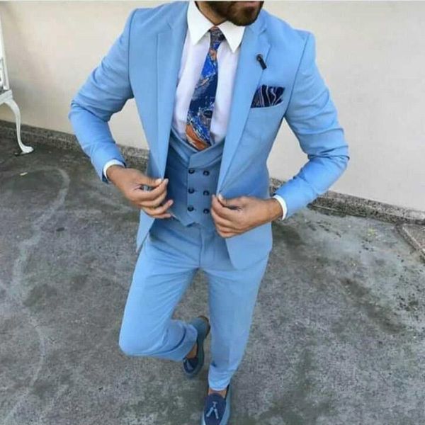 Moda One Button Light Blue Men casamento Ternos Notch lapela Três Peças Negócios Noivo Smoking (Jacket + Calças + Vest + Tie) W989