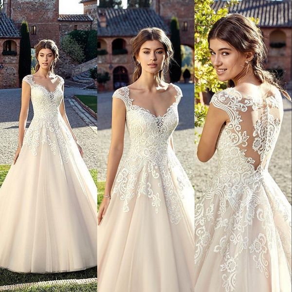 

champagne a line wedding dresses jewel neck illusion cap sleeves illusion lace appliques with button back long plus size formal bridal gowns, White
