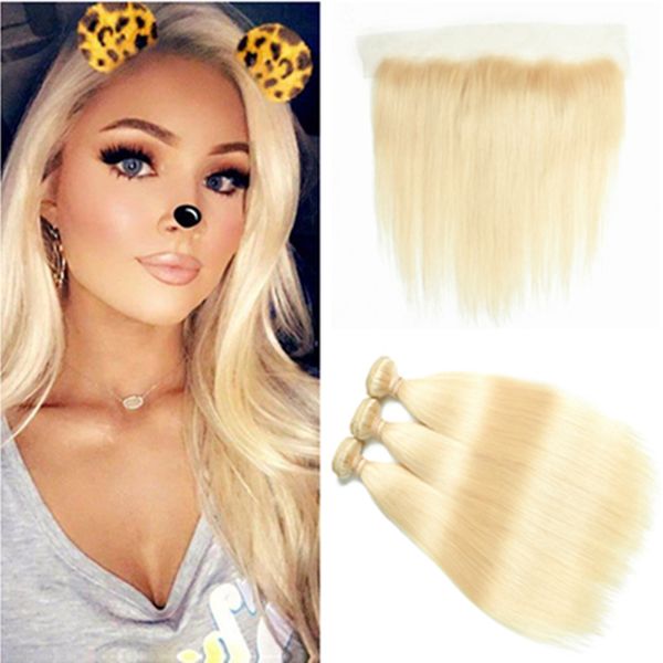 Russian Bleach Blonde Straight Hair Bundles With Frontal 613