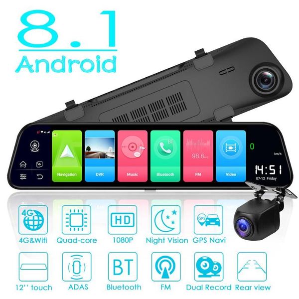 

4g android 8.1 full mirror car dvr camera 12" 1080p rearview mirror dashcam adas gps wifi dual lens stream video dash cam