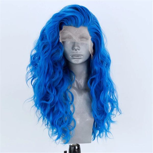 Blaue volle Spitze-Front-Perücke, Wasserwelle, farbig, synthetische Cosplay-Party, kastanienbraun/rot/blond/weiß, transparente Perücken für weiße Frauen