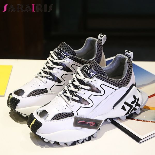 

sarairis 2019 new ins fashion split leather sneakers women spring girl platform dad shoes women high shoes woman, Black