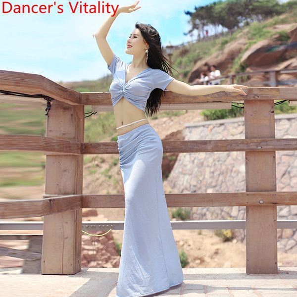 

belly dance practice clothes new summer performance costume yarn women beginner short sleeve long skirt set training garment, Black;red