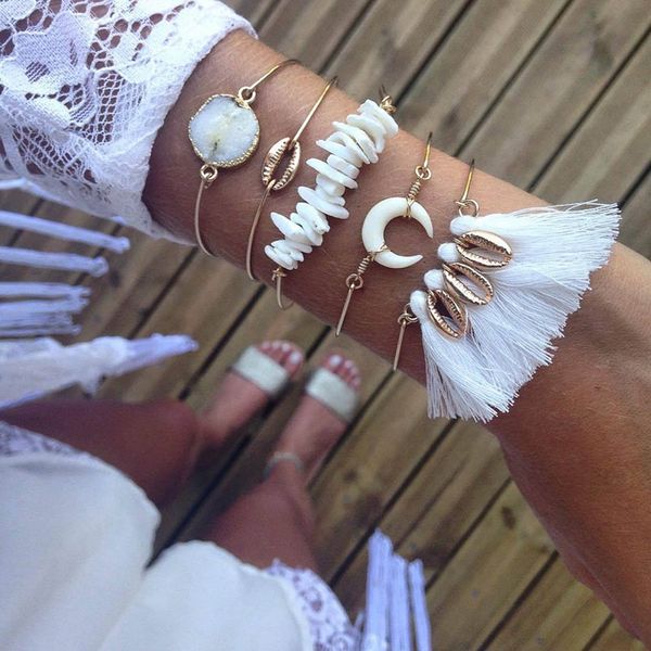 

bohemian ethnic bracelet sets personality multi-layer gem moon shell tassel irregular gold silver chain bracelet set, White