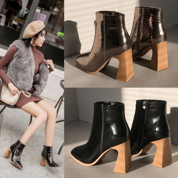 

korean fashion women high heel 8cm ankle boots female quality patent leather runway booties waterproof winter shoes n011, Black