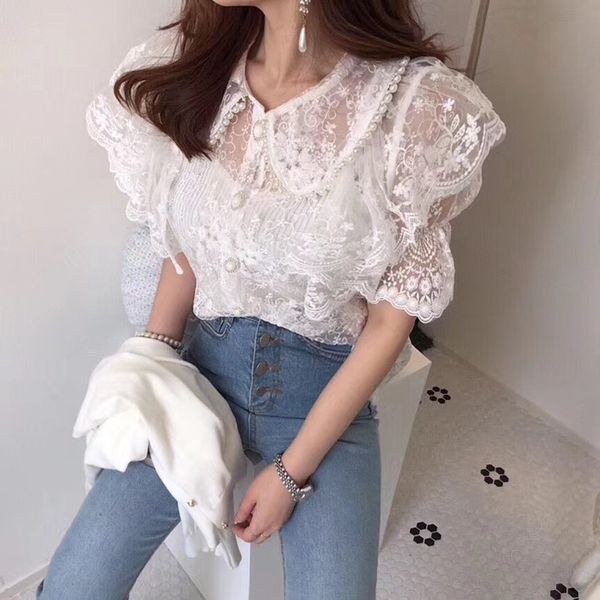 

korean fashion women kawaii peter pan collar beading floral embroidery lace blouses ladies sheer mesh ruffle lace shirts, White