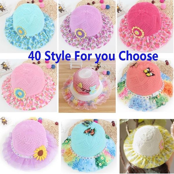

kids girls beach pools visor hats summer baby lace brim snaback hat cap children princess straw basin sun caps 40 styles an2496