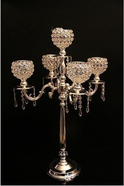

75 cm height 5 arm metal chrome gold candelabra with cry tal pendant wedding candle holder event centerpiece