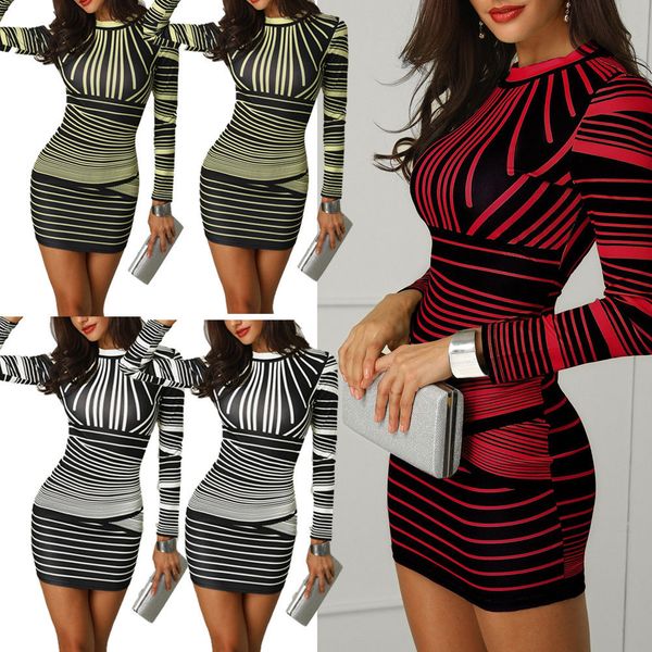

fall women striped pattern elegant temperament quality o neck dresses autumn winter long sleeve bodycon casual mini dress, Black;gray