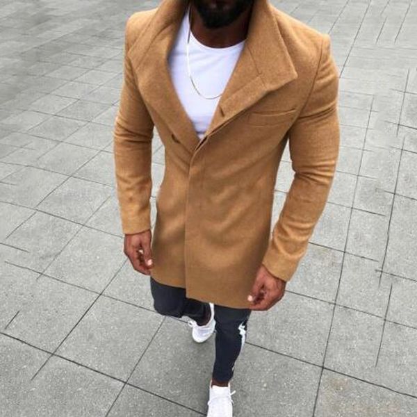 

monerffi new fashion mens wool button solid color long sleeved windbreaker wool coat men winter coat men long trench, Black