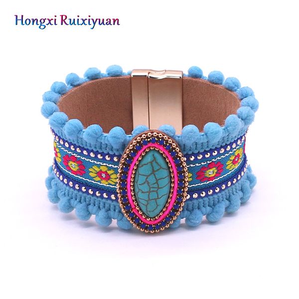 

fashion magnet buckle bracelet bohemian leather crystal natural stone flower ladies bracelet pattern hair ball jewelry, Black
