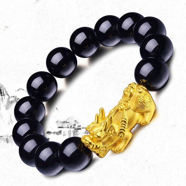 

new pure 24k yellow gold bracelet 19*9*8mm 3d bless pixiu link black agate bead for men, Golden;silver