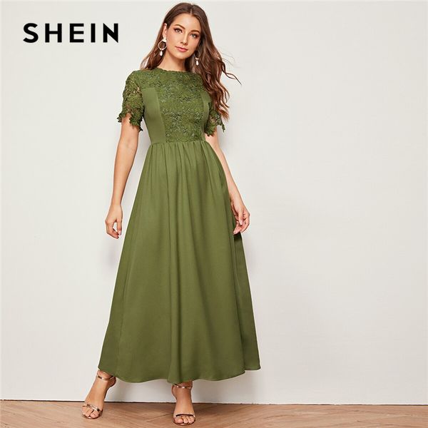 

shein army green solid guipure lace trim fit and flare dress women 2019 summer short sleeve high waist elegant maxi dresses, Black;gray