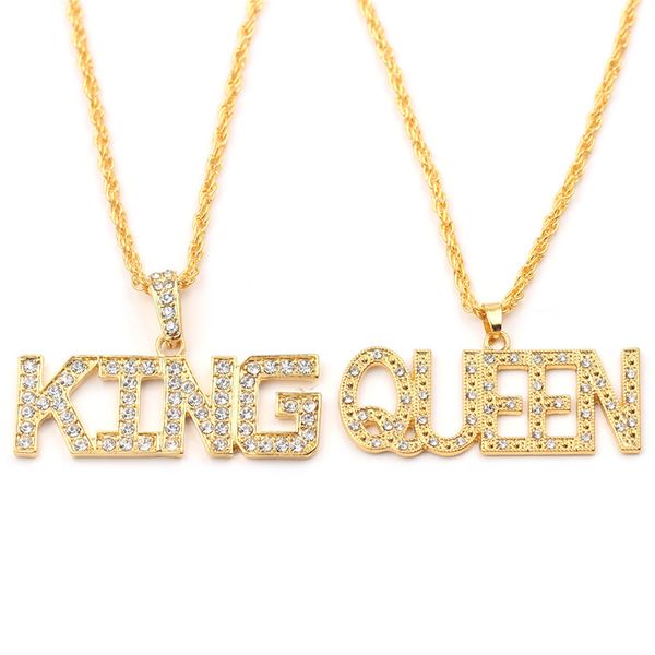 

chains rhinestone luxury big king & queen pendant necklace 70cm long chain hip hop jewelry women men lovers charm letter necklaces, Silver