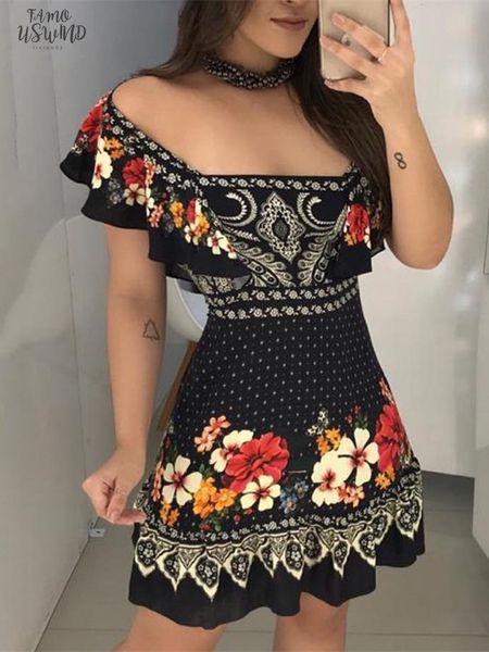 

2020 summer women elegant fashion vacation casual mini dress female leisure stylish off shoulder floral print ruffles dress, Black;gray